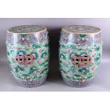 A GOOD PAIR OF CHINESE FAMILLE ROSE PORCELAIN GARDEN BARREL SEATS, each decorated with a celadon