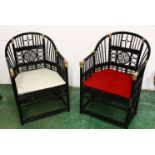 A PAIR OF CHINESE WICKER BAMBOO STYLE BLACK ARM CHAIRS, with symbolic back rests and fitted