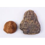 TWO GOOD EARLY TIBETAN AMULETS, both with figures of buddha, 8cm x 4cm.