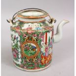 A 19TH CENTURY CHINESE CANTON FAMILLE ROSE PORCELAIN TEA POT, with panel decoration of figures,