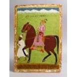 AN 18TH / 19TH CENTURY INDIAN MUGHAL MINIATURE PAINTING OF A NOBLEMAN UPON HORSEBACK, 36cm x 25cm
