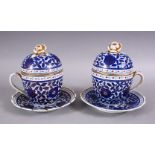 TWO RUSSIAN BLUE & WHITE PORCELAIN CUP, COVER AND SAUCER - FOR ISLAMIC MARKET, decorated with floral