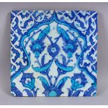 A GOOD TURKISH IZNIK TURQUOISE & BLUE POTTERY TILE SECTION, the tile with finely executed decoration