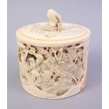 A GOOD QUALITY JAPANESE MEIJI PERIOD CARVED IVORY SAMURAI WARRIOR TUSK POT & COVER, the pot finely