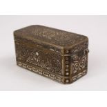 A GOOD ISLAMIC BRONZE LIDDED STORAGE BOX, the box with silver inlays, lid opening to reveal four