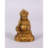 A SMALL JAMBHALA GILT BRONZE FIGURE OF A GODDESS OF WEALTH, on a lotus base, 6cm.