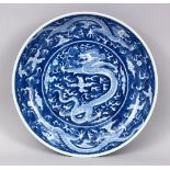 A GOOD CHINESE BLUE & WHITE PORCELAIN MULTI DRAGON PLATE, decorated with an array of dragons amongst