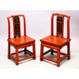 A PAIR OF CHINESE RED HARDWOOD & RED LACQUER CHAIRS, the back with lacquer decoration of figures,