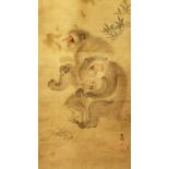 A GOOD JAPANESE MEIJI PERIOD PAINTED KAKEMONO / HANGING SCROLL PAINTING ON SILK - MONKEYS, the