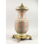 A 19TH CENTURY CHINESE FAMILLE ROSE PORCELAIN VASE / LAMP - ORMOLU MOUNTS, the vase decorated with