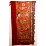 A GOOD CHINESE 19TH CENTURY EMBROIDERED MARRIAGE HARMONY WALL HANGING, with precious objects and