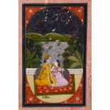 A FINE 19TH CENTURY INDIAN PAHARI KANGRA PUNJAB HILLS PAINTING OF KRISHNA AND RADHA, framed and