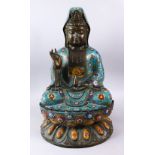 A FINE 19TH CENTURY CHINESE BRONZE & CLOISONNE MODEL OF GUANYIN SEATED UPON LOTUS, guanyin modeled