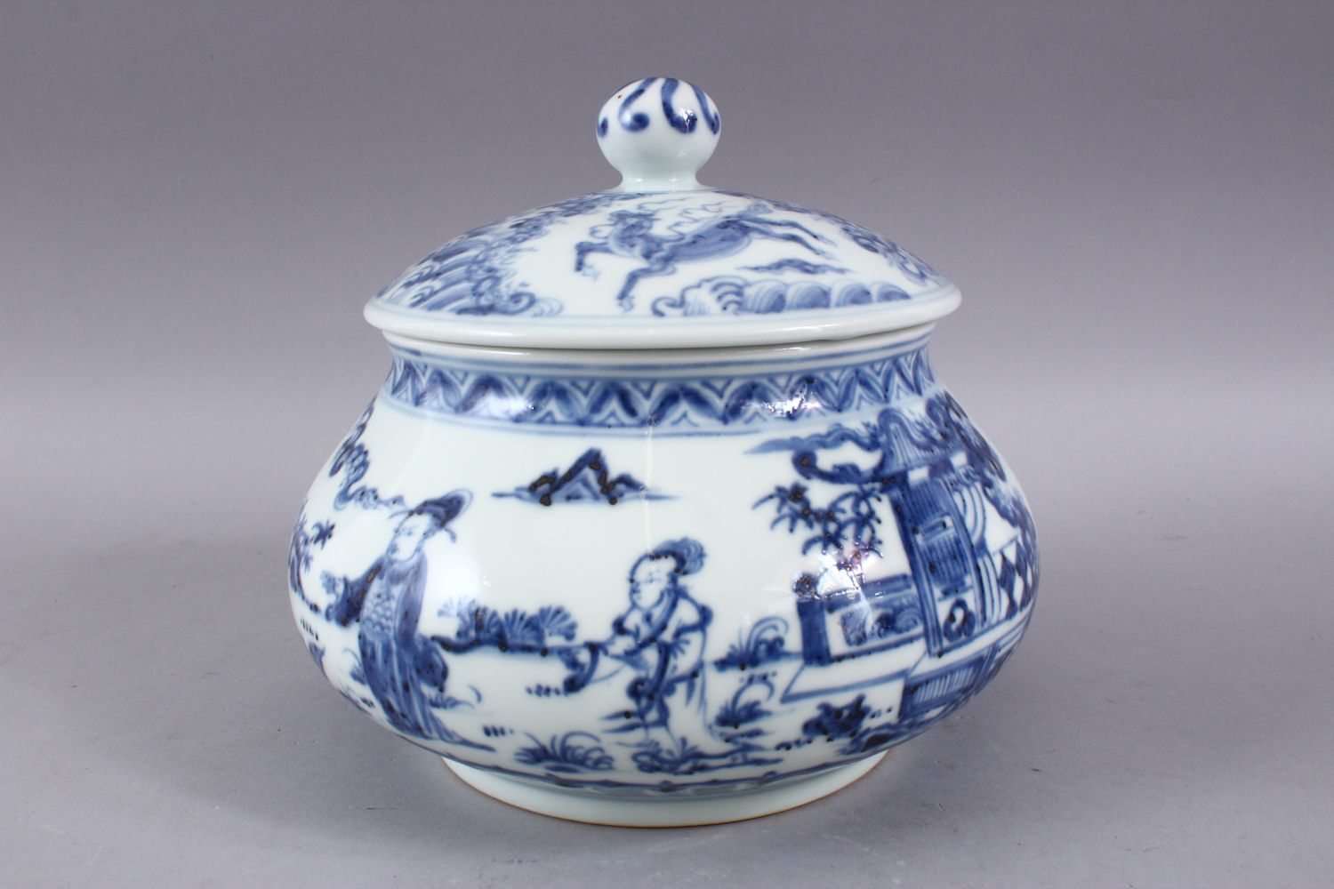 A CHINESE MING STYLE BLUE & WHITE PORCELAIN GINGER JAR & COVER, decorated with figures at - Image 3 of 6