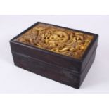 A GOOD CHINESE HARDWOOD & CARVED JADE LIDDED BOX, the jade insert carved with figures and dragons in