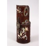 A GOOD 19TH CENTURY CHINESE INLAID MOTHER OF PEARL CARVED WOODEN WATER PIPE, inlaid to depict