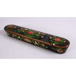 A GOOD 19TH CENTURY PERSIAN LACQUER DECORATED PEN BOX, decorated with scenes of birds among flora,