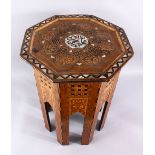 A 19TH CENTURY MOORISH EXOTIC WOOD INLAID AND MOTHER OF PEARL OCTAGONAL TABLE, inlaid with mother of