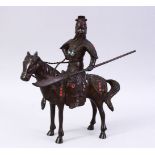 A GOOD 19TH / 20TH CENTURY CHINESE BRONZE FIGURE OF A GENERAL UPON HORSEBACK, decorated with