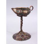 A GOOD INDO PERSIAN ENAMEL AND BRASS LAMP / CANDLESTICK, 20CM