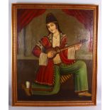 A LARGE INDO PERSIAN PAINTING ON CANVAS OF A LADY PLAYING AN INSTRUMENT INTERIOR, in a gilded frame,