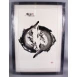 A CHINESE FRAMED INKWORK PICTURE OF TWIN REVOLVING CARP, in a newly made frame, with calligraphy and