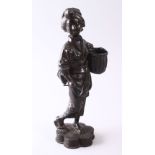 A JAPANESE MEIJI STYLE METAL OKIMONO OF A GEISHA GIRL HOLDING A BASKET, 28CM.