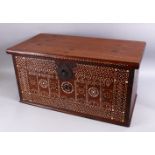 A GOOD 19TH CENTURY OR EARLIER INDO PORTUGUESE MOTHER OF PEARL INLAID TRUNK, 36cm high x 69cm wide.