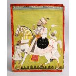 AN 18TH / 19TH CENTURY INDIAN MUGHAL MINIATURE PAINTING OF A NOBLEMAN UPON HORSEBACK, 37.5cm x 29.