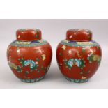 A PAIR OFF 19TH / 20TH CENTURY CHINESE CLOISONNE GINGER JARS AND COVERS, decorated with a coral