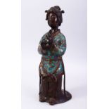 A 19TH CENTURY OR EARLIER CHINESE BRONZE & CLOISONNE FIGURE OF A WOMAN, The robes detailed in