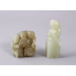 TWO 19TH CENTURY CHINESE CARVED JADE FIGURE & SEAL, the figure carved depicting a leopard upon a