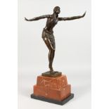 AN ART DECO STYLE BRONZE FIGURE OF A DANCER, on a rectangular marble base. 19ins high.