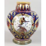 A GOOD LARGE ITALIAN POTTERY VASE, painted with scrolls and portraits. 12ins high.