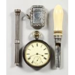 A MIXED LOT OF ITEMS, to include a pocketwatch, vesta, apple corer, propelling pencil. (4)