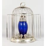 A NOVELTY PLATED BIRD CAGE DECANTER SET, with a decanter in the form of an owl. 18ins high.