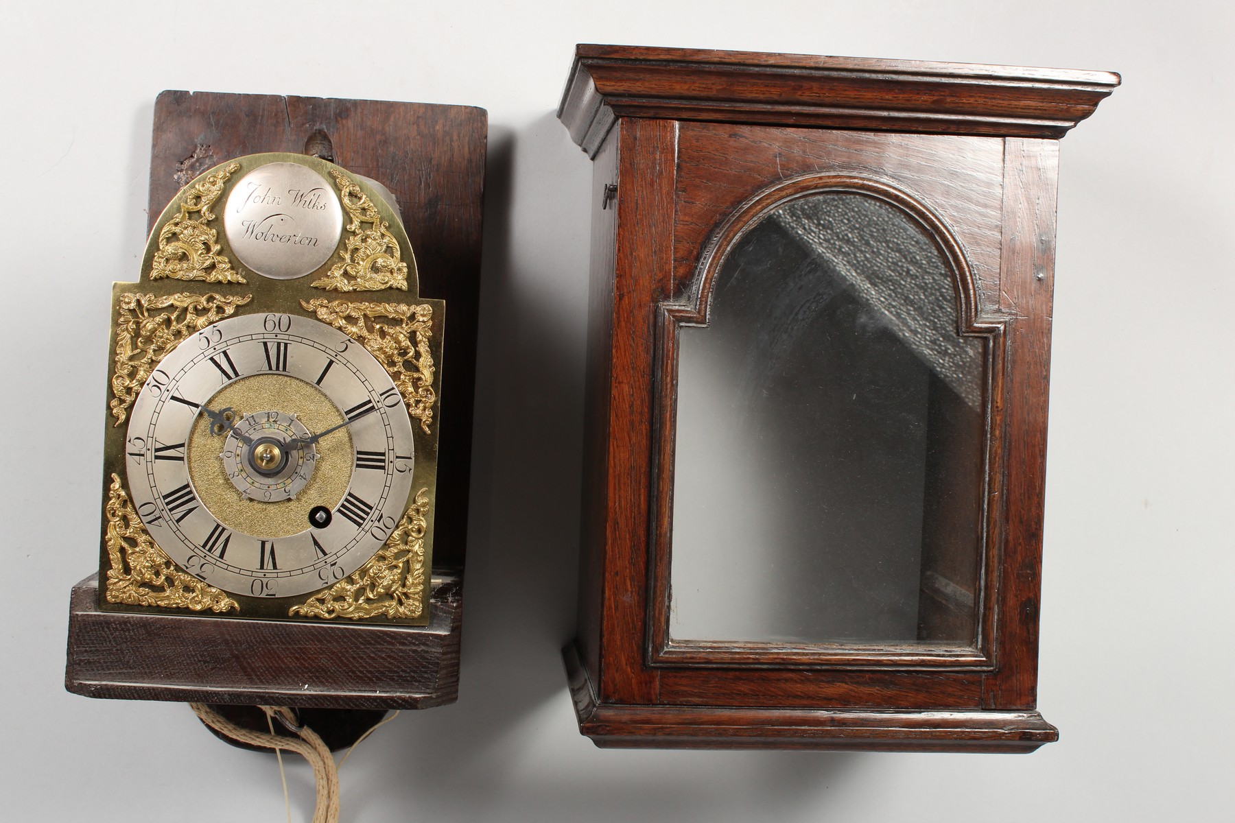 AN 18TH CENTURY OAK CASED HOODED WALL CLOCK, with an arched brass dial, silvered chapter ring, - Image 2 of 9