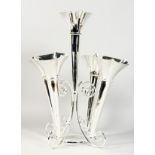 A SILVER PLATED EPERGNE. with five trumpet shaped vases. 18ins high.