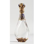 A SUPERB 19TH CENTURY FRENCH CRYSTAL, GOLD, BLUE ENAMEL AND PEARL SET SCENT BOTTLE with hinged