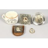 FOUR SMALL PHOTOGRAPH FRAMES AND A NOVELTY HITLER CUP