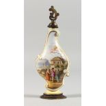 AN 18TH CENTURY MEISSEN PORCELAIN PALE YELLOW GROUND SCENT BOTTLE AND STOPPER, painted with