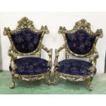 A PAIR OF FRENCH STYLE DECORATIVE THRONE STYLE ARMCHAIRS. 3ft 10ins high x 2ft 10ins wide.