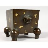 A CHINESE GOLD SPLASH SQUARE BRONZE CENSER. 3.5ins high.