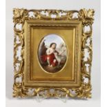 A GOOD DRESDEN OVAL PLAQUE, Shepherd Boy. 4.5ins x 3.5ins, in a gilt frame.