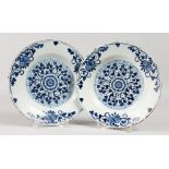 A PAIR OF 18TH CENTURY DELFT PLATES, painted with a central flower.