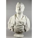 A LARGE 19TH CENTURY PLASTER LIBRARY BUST OF A MAN. 32ins high.