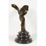 A LARGE BRONZE MODEL OF THE SPIRIT OF ECSTASY, on a circular marble base. 2ft 0ins high.