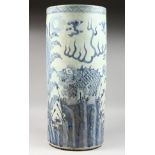 A CHINESE BLUE AND WHITE DECORATED PORCELAIN STICK STAND. 2ft 0ins high.
