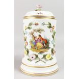 A GOOD AUGUSTUS REX DRESDEN TANKARD AND COVER, with rose knop painted and encrusted with flowers