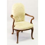 A GEORGE II STYLE MAHOGANY FRAMED SMALL ARMCHAIR, early 20th century, with upholstered back and